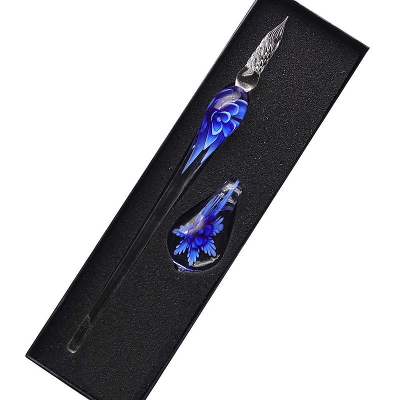 SIPLIV Crystal Glass Intarsia Dip Pen Fountain Pen Kit Vintage Calligraphy Signatures Pen, Dark Blue - Image 1